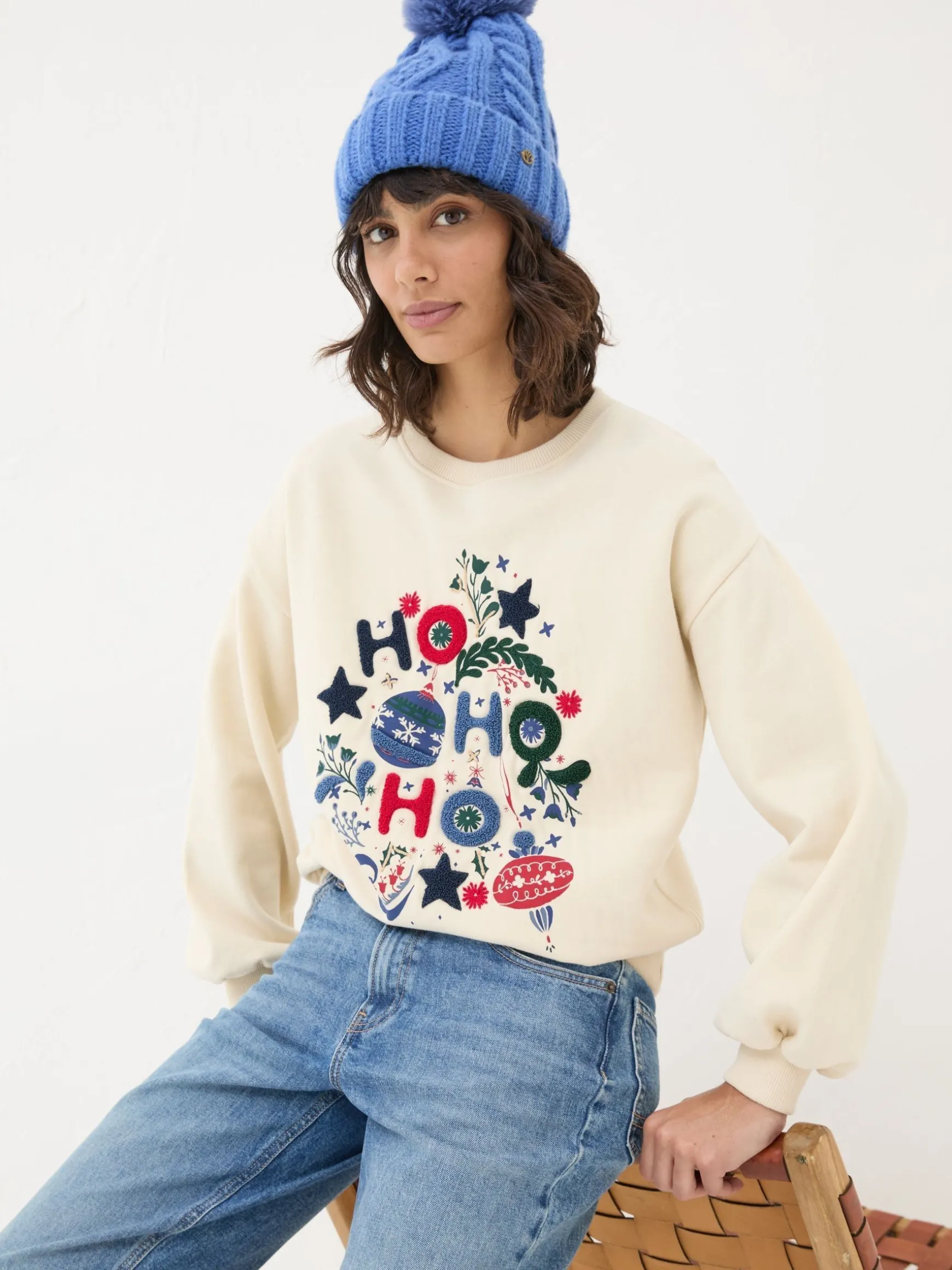 FatFace Christmas Graphic Crew Sweat Top Ivory New