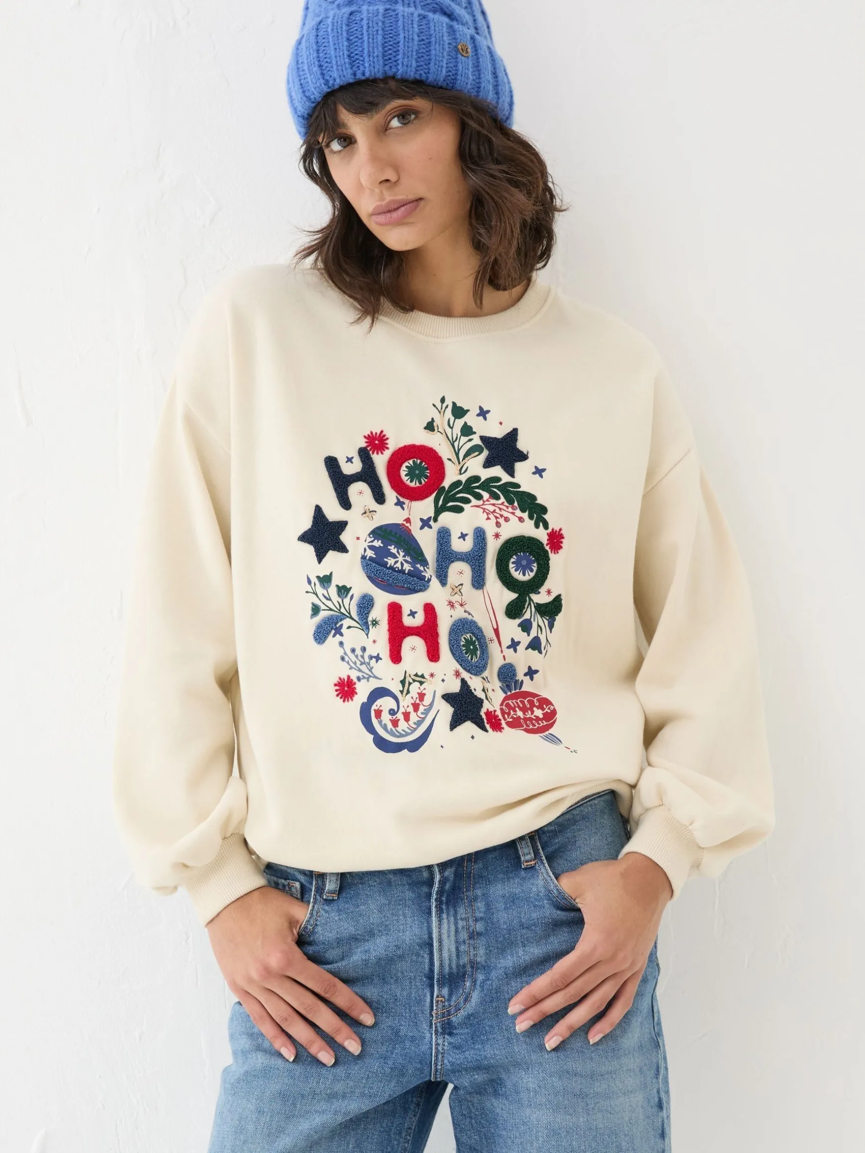 FatFace Christmas Graphic Crew Sweat Top Ivory New