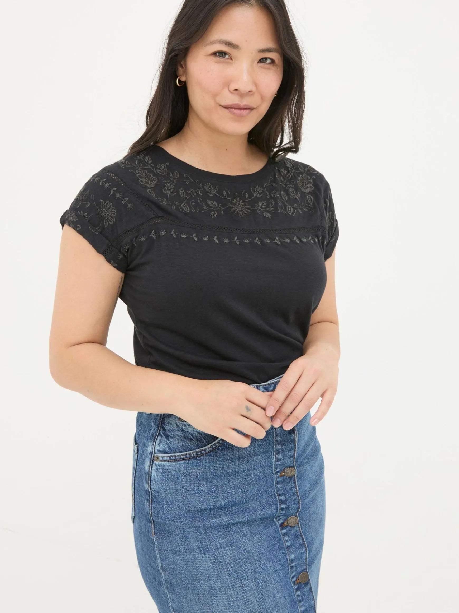 FatFace Ivy Embroidered T-Shirt Black Cheap