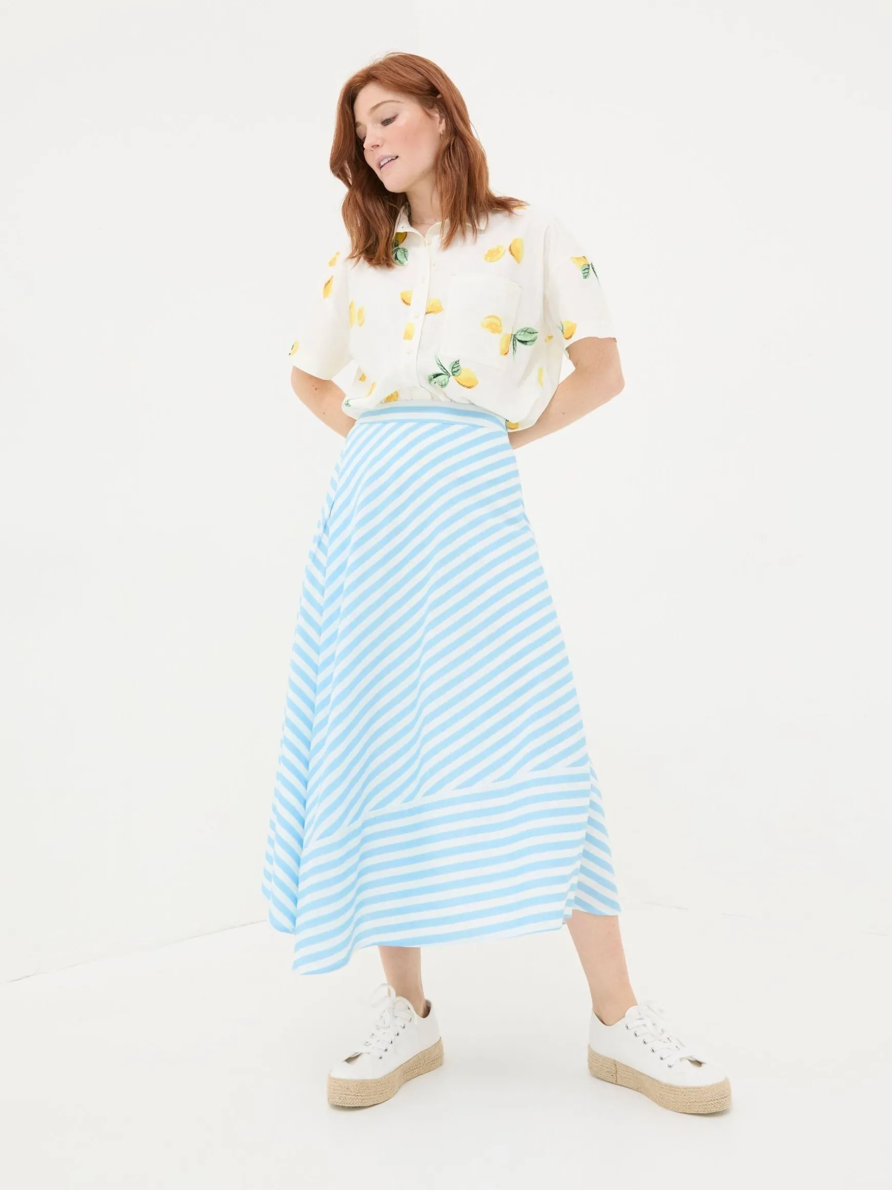 FatFace Judes Robyn Striped Midi Skirt Blue New