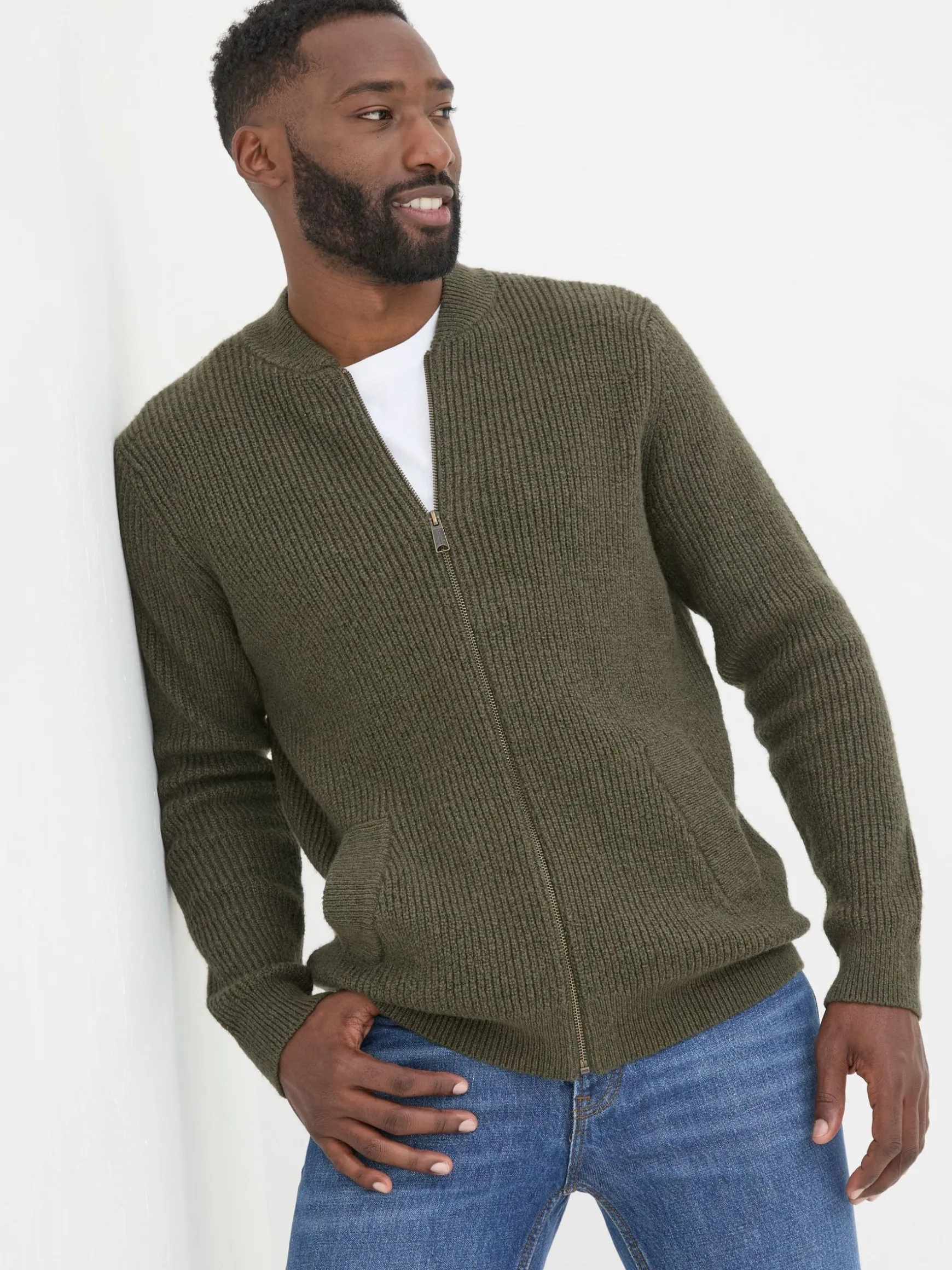 FatFace Knitted Bomber Cardigans Khaki Green Hot