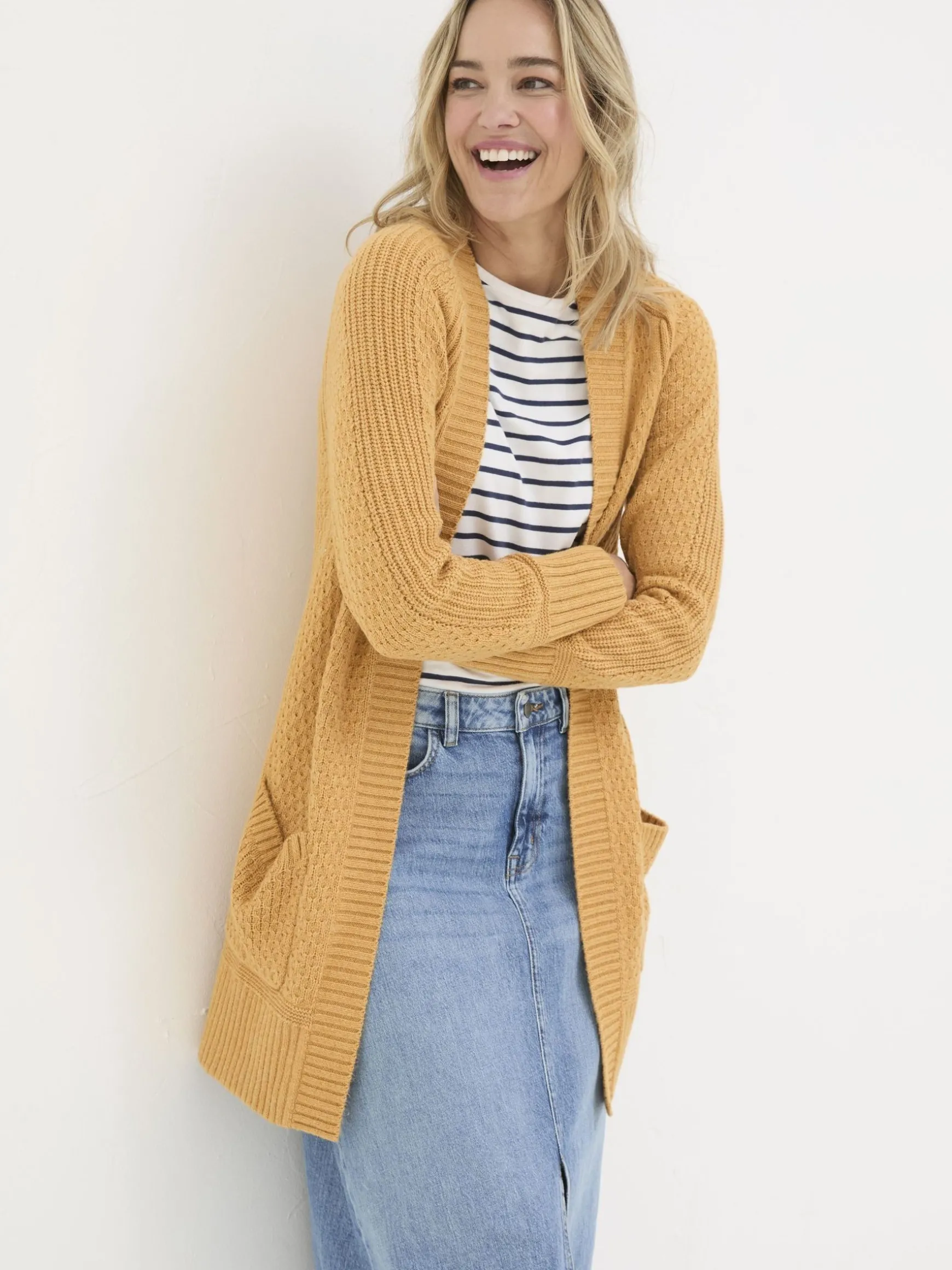 FatFace Hannah Textured Knitted Cardigan Mustard Yellow Hot