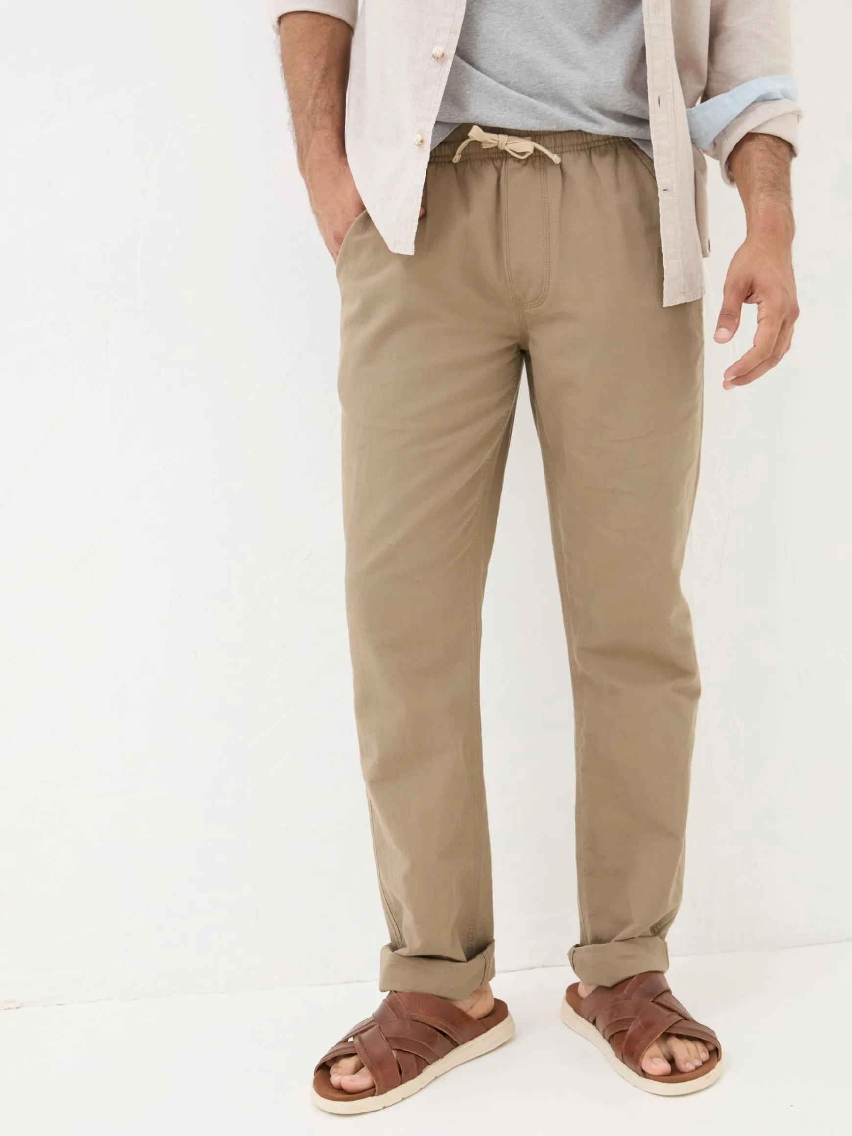 FatFace Straight Cotton Linen Trousers Natural Clearance