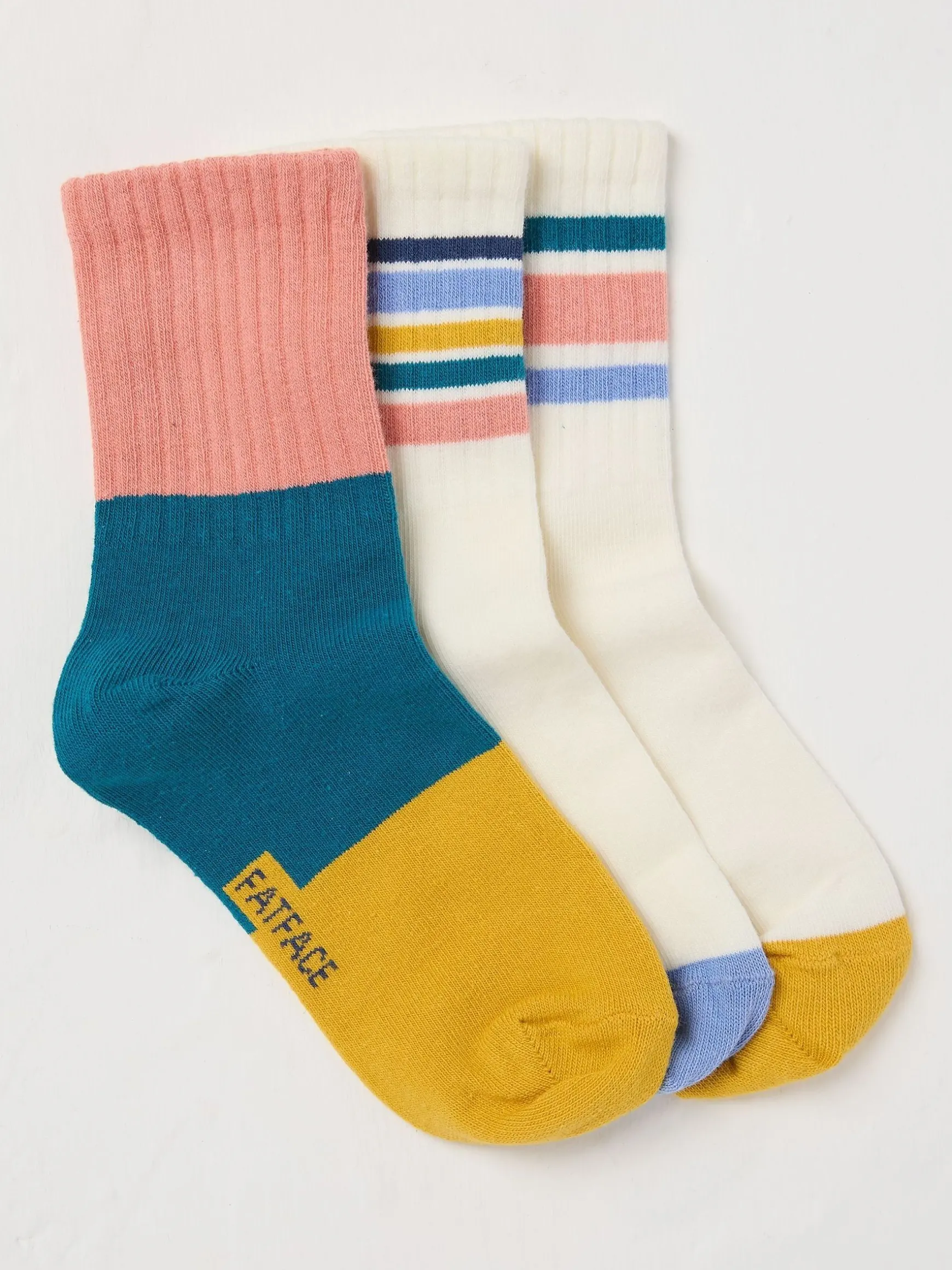 FatFace Stripe Sport Socks 3 Pack Natural/Pink Store