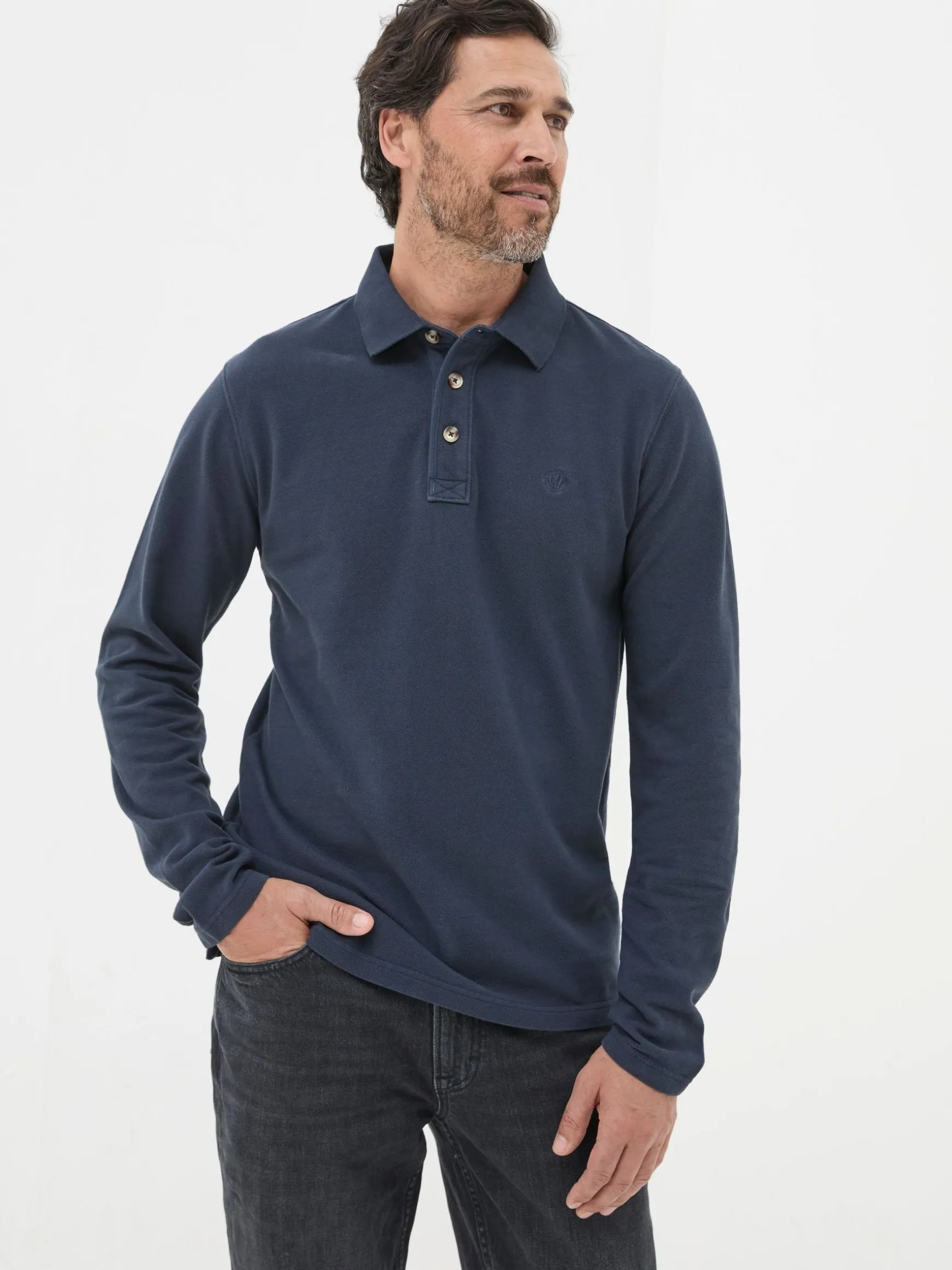 FatFace Long Sleeve Organic Pique Polo Shirt Navy Blue Best Sale