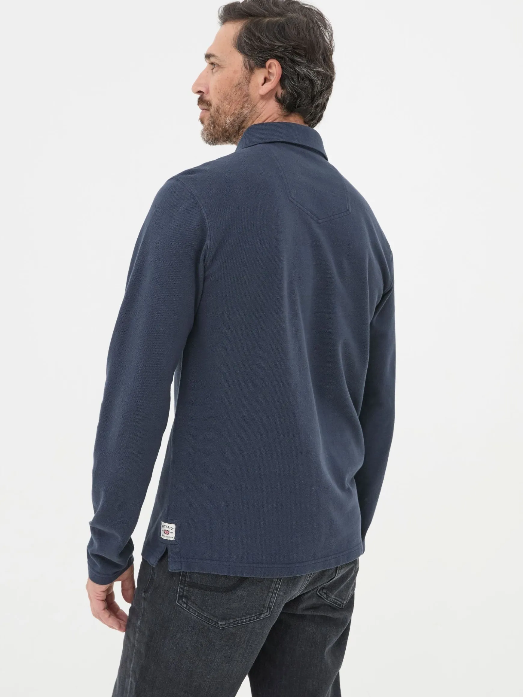 FatFace Long Sleeve Organic Pique Polo Shirt Navy Blue Best Sale