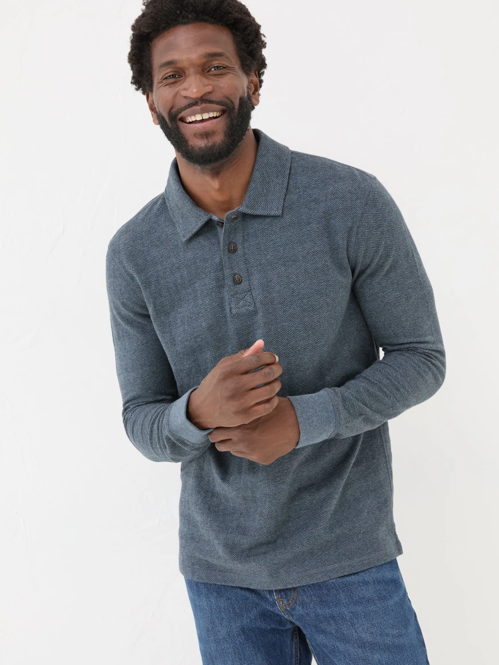 FatFace Herringbone Long Sleeve Polo Shirt Navy Flash Sale