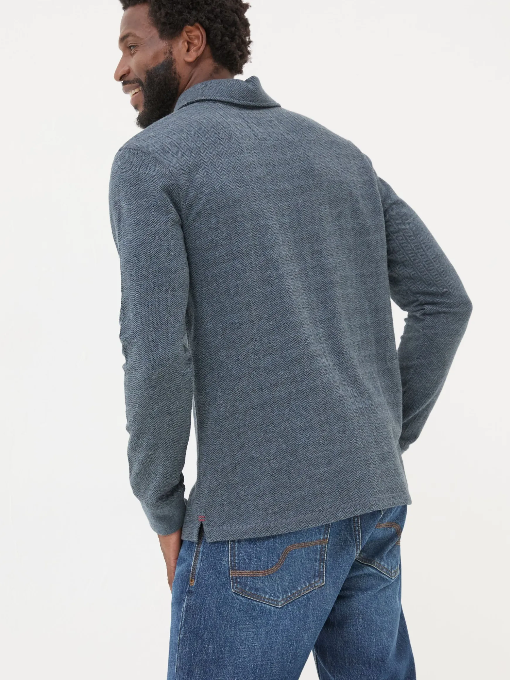 FatFace Herringbone Long Sleeve Polo Shirt Navy Flash Sale