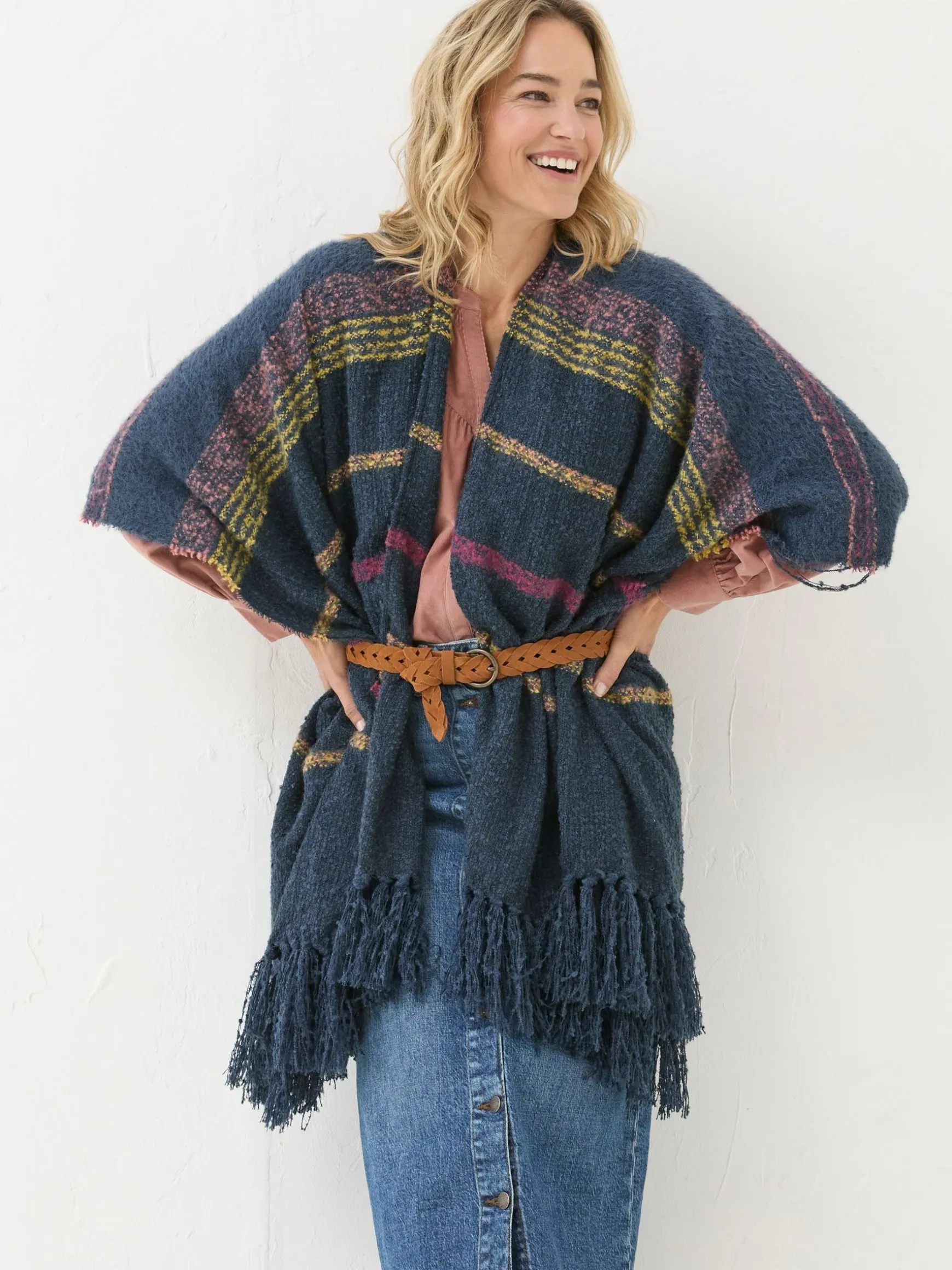 FatFace Stripe Boucle Cape Scarf Navy Hot