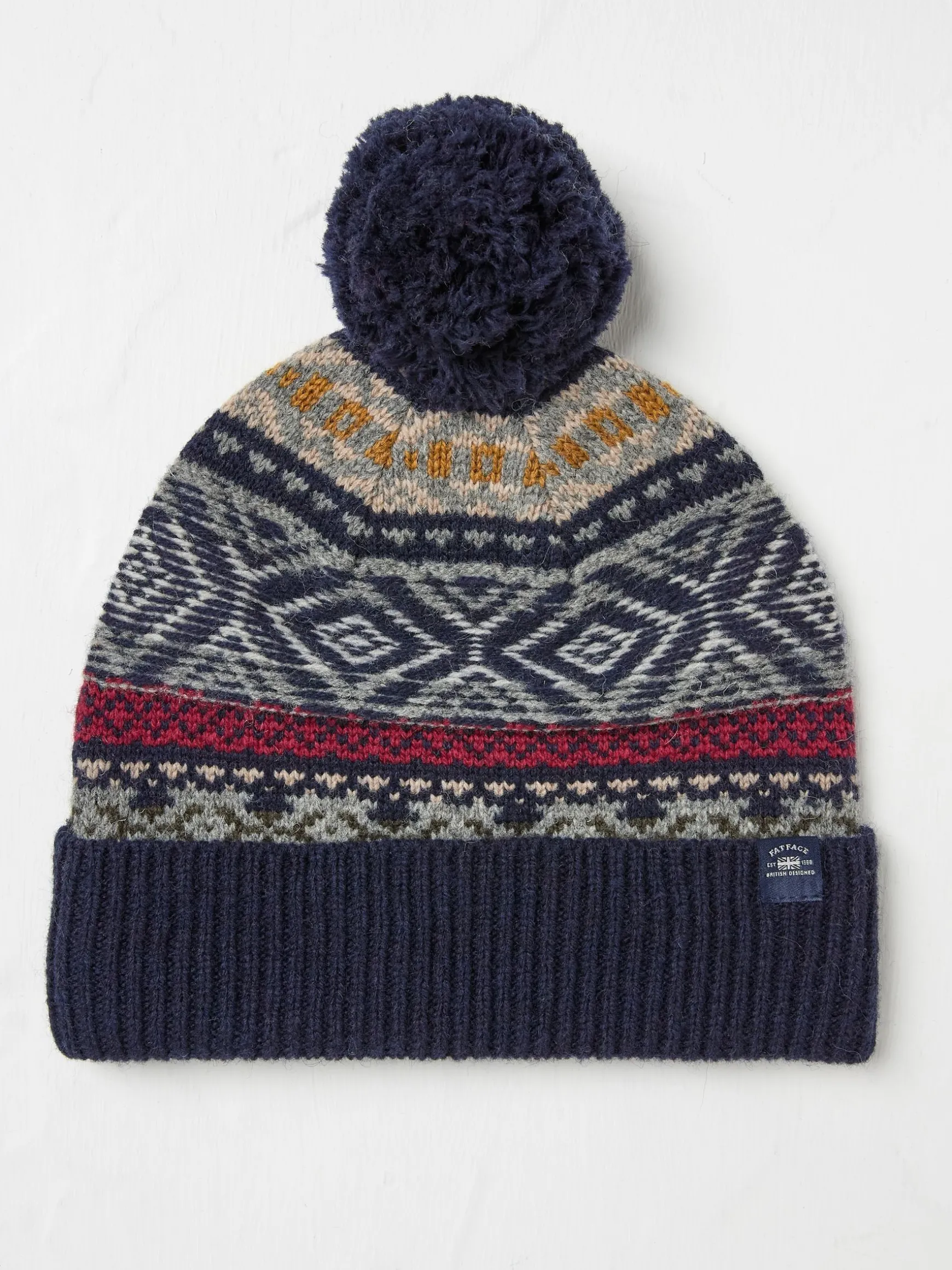 FatFace Textured Fairisle Bobble Hat Navy Clearance