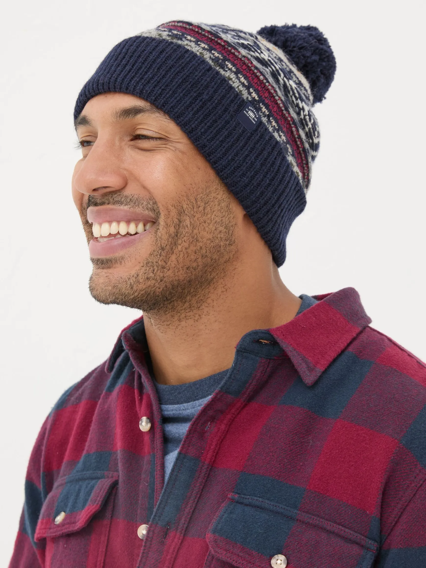 FatFace Textured Fairisle Bobble Hat Navy Clearance