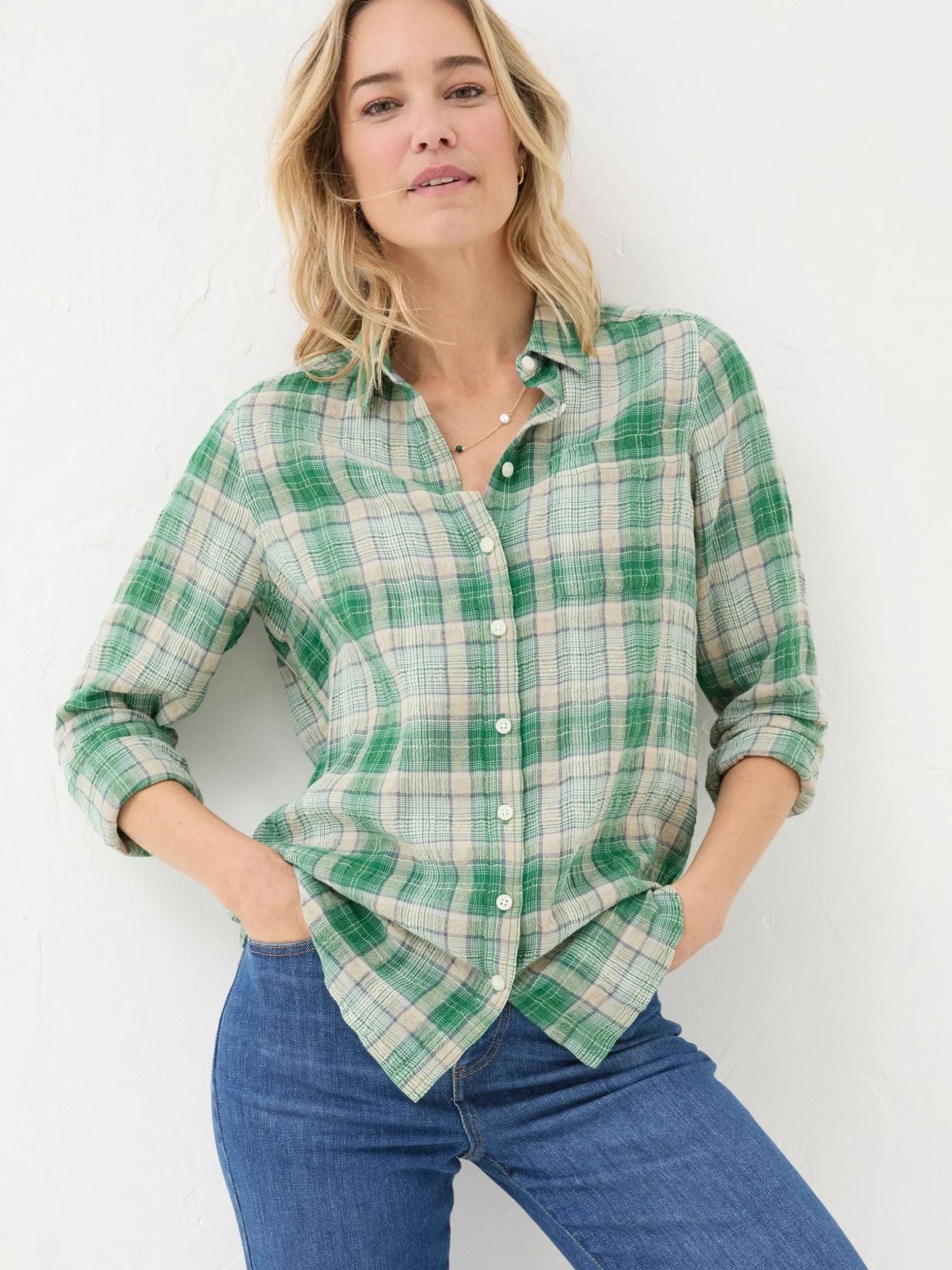 FatFace Olivia Waffle Check Shirt Black Outlet