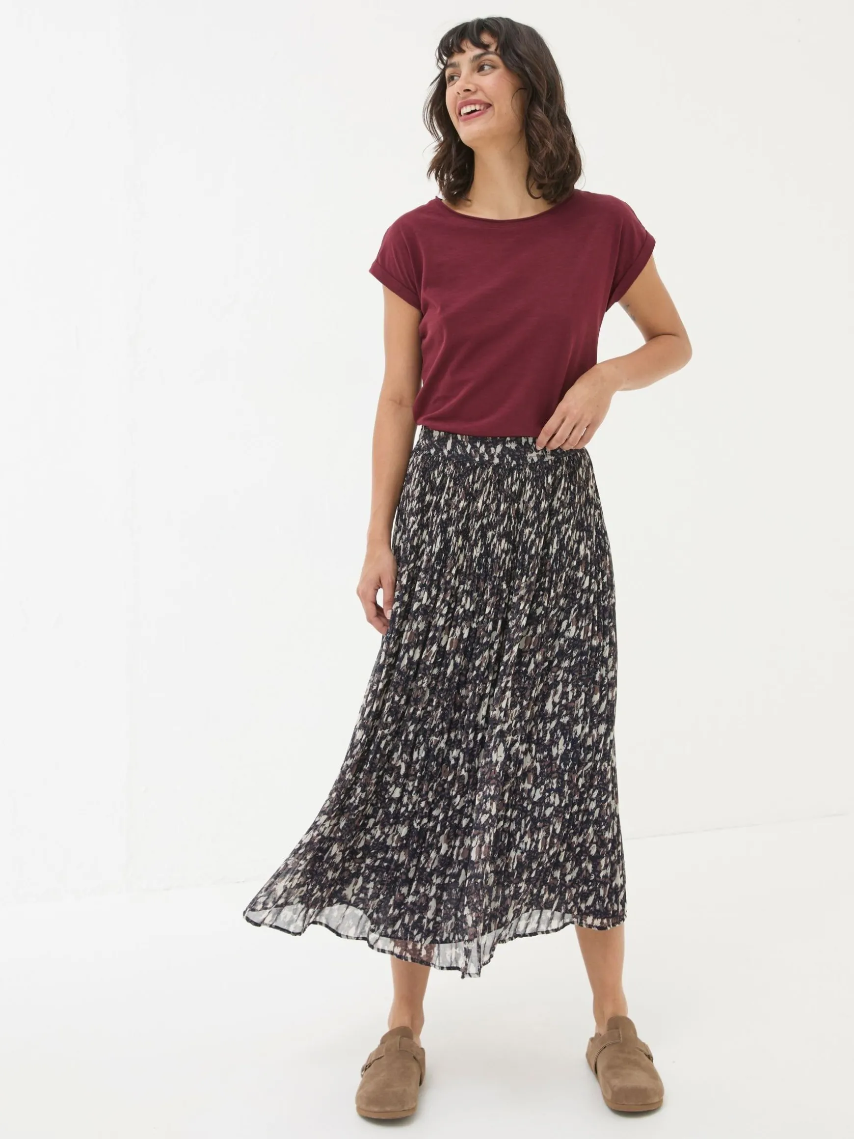 FatFace Paignton Pleated Midi Skirt Dark Brown Flash Sale