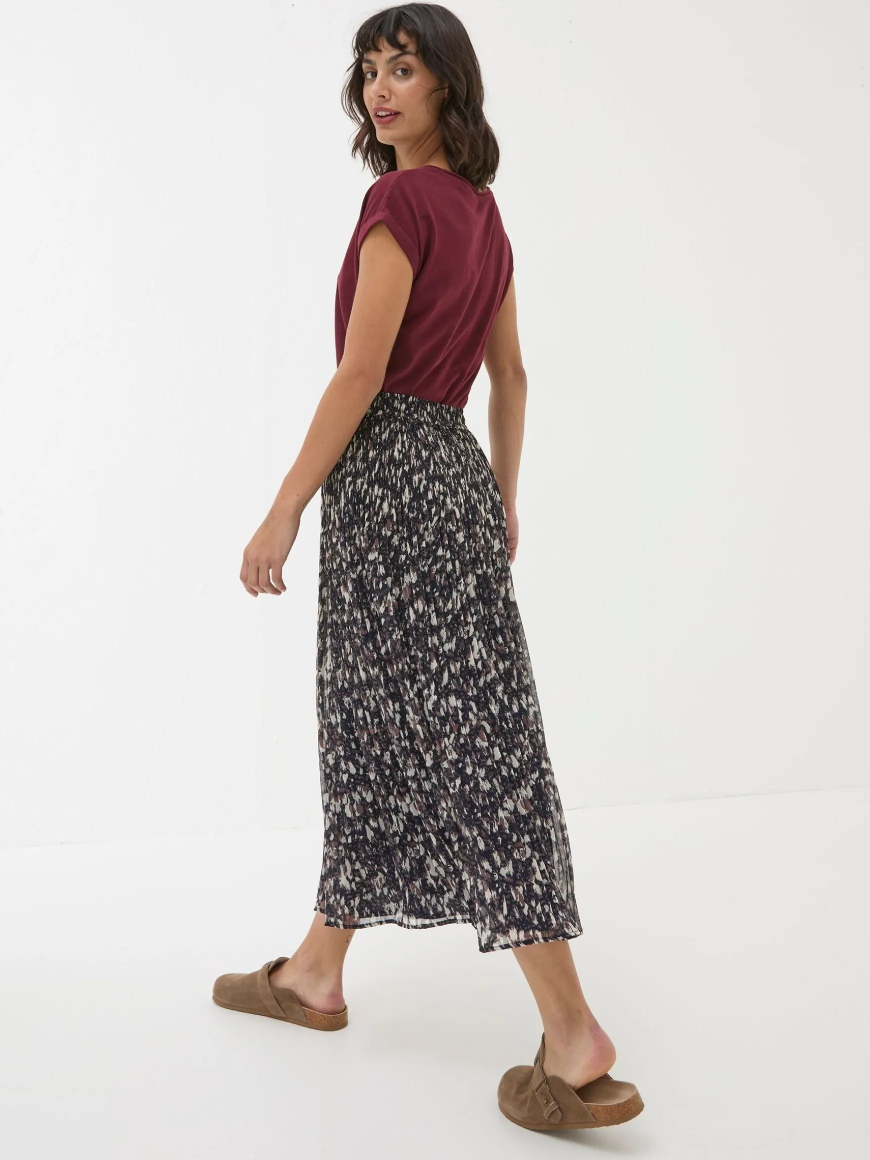 FatFace Paignton Pleated Midi Skirt Dark Brown Flash Sale