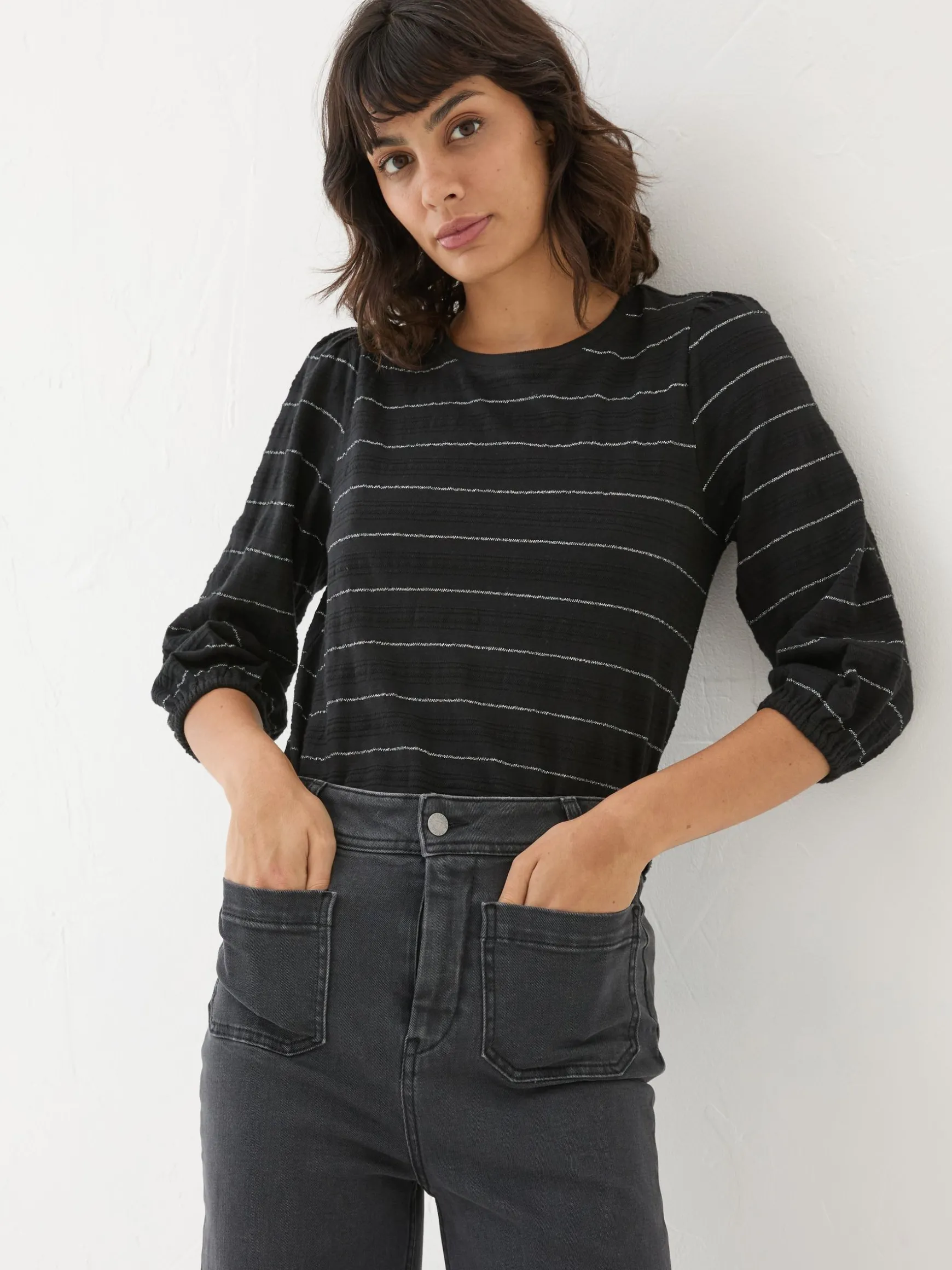 FatFace Penny Stripe Top Black Store