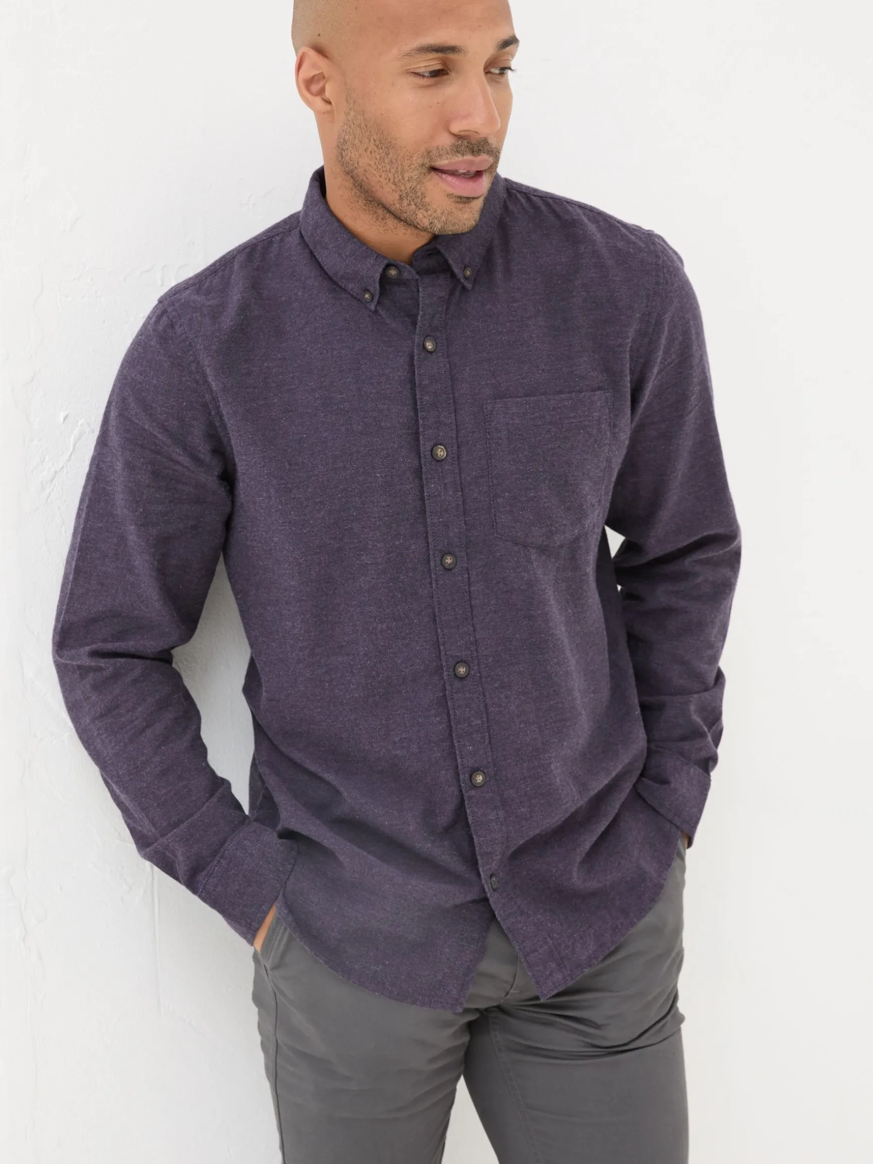 FatFace Long Sleeve Oxlow Plain 100% Cotton Shirt Purple Flash Sale