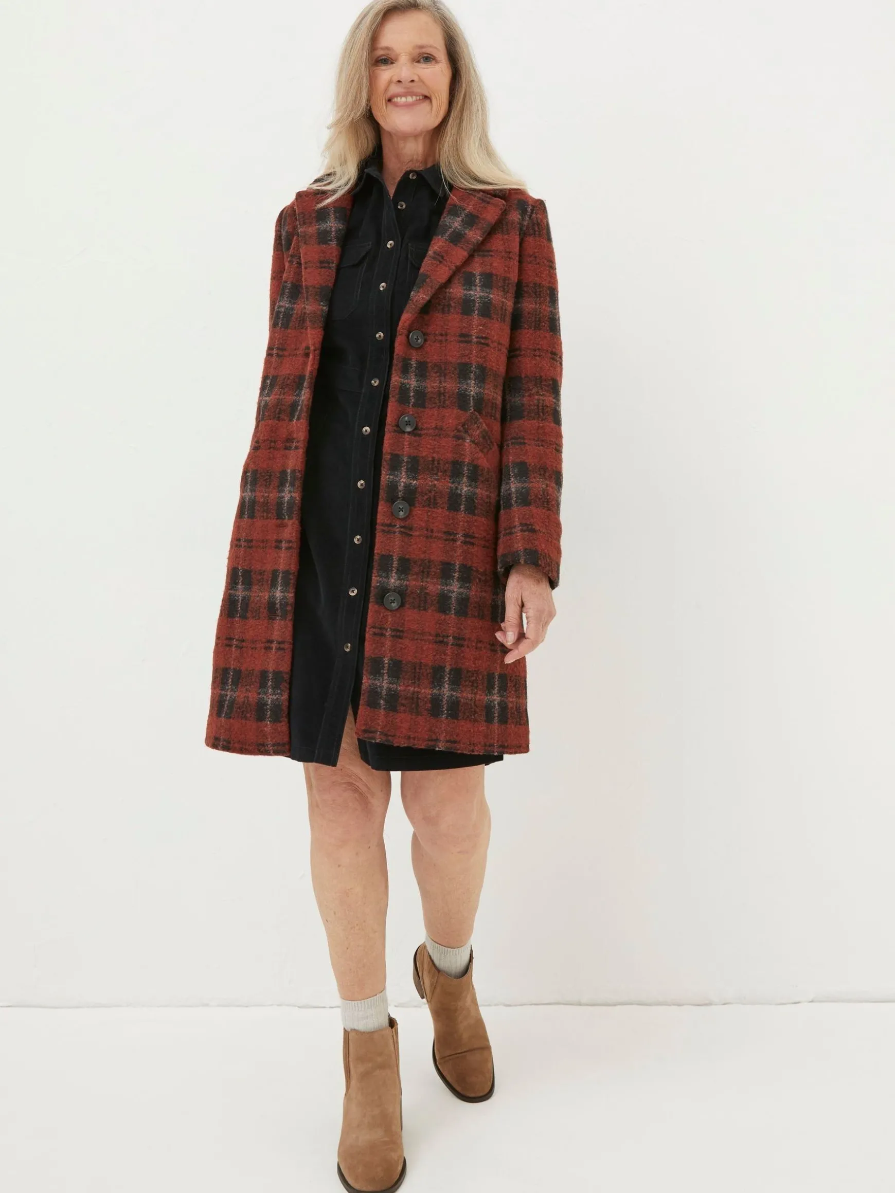 FatFace Tanya Wool Blend Check Coat Red Best