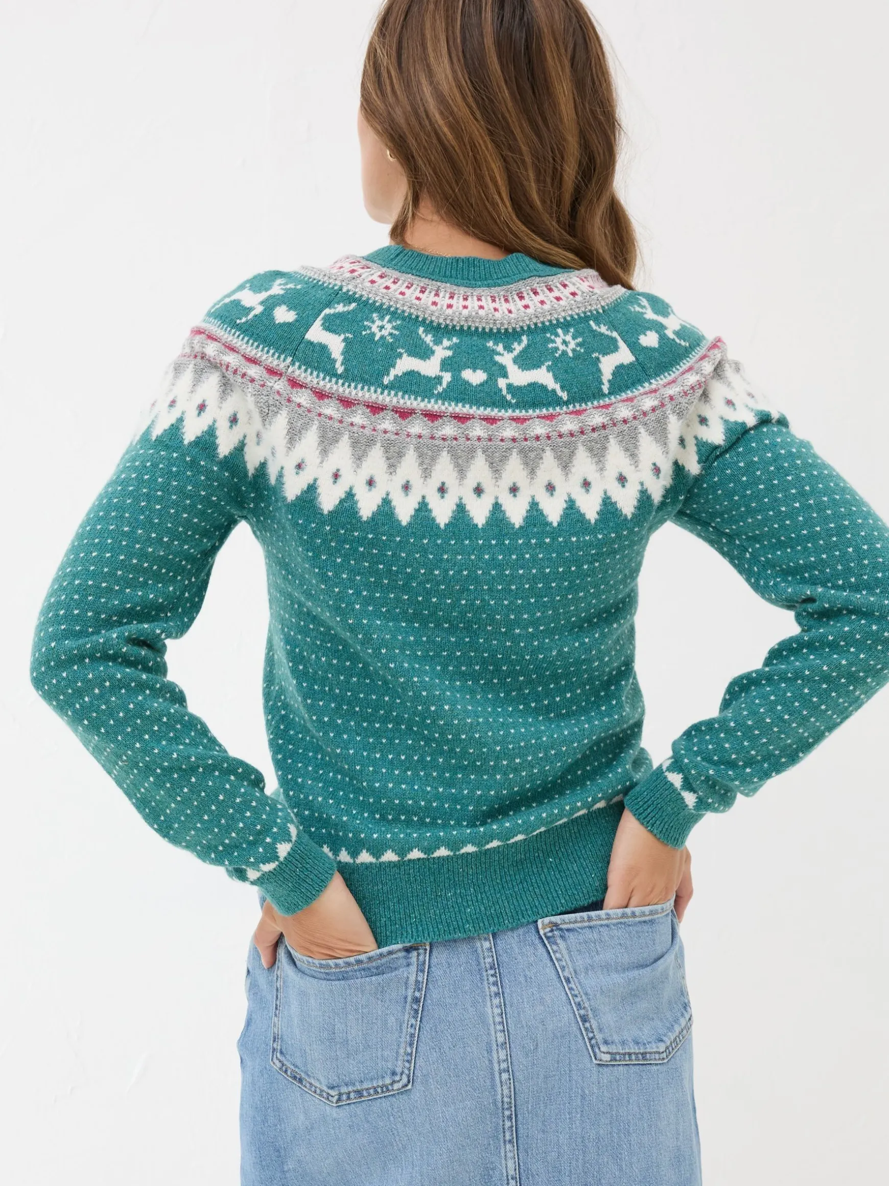 FatFace Reindeer Yoke Jumper Teal Blue Cheap