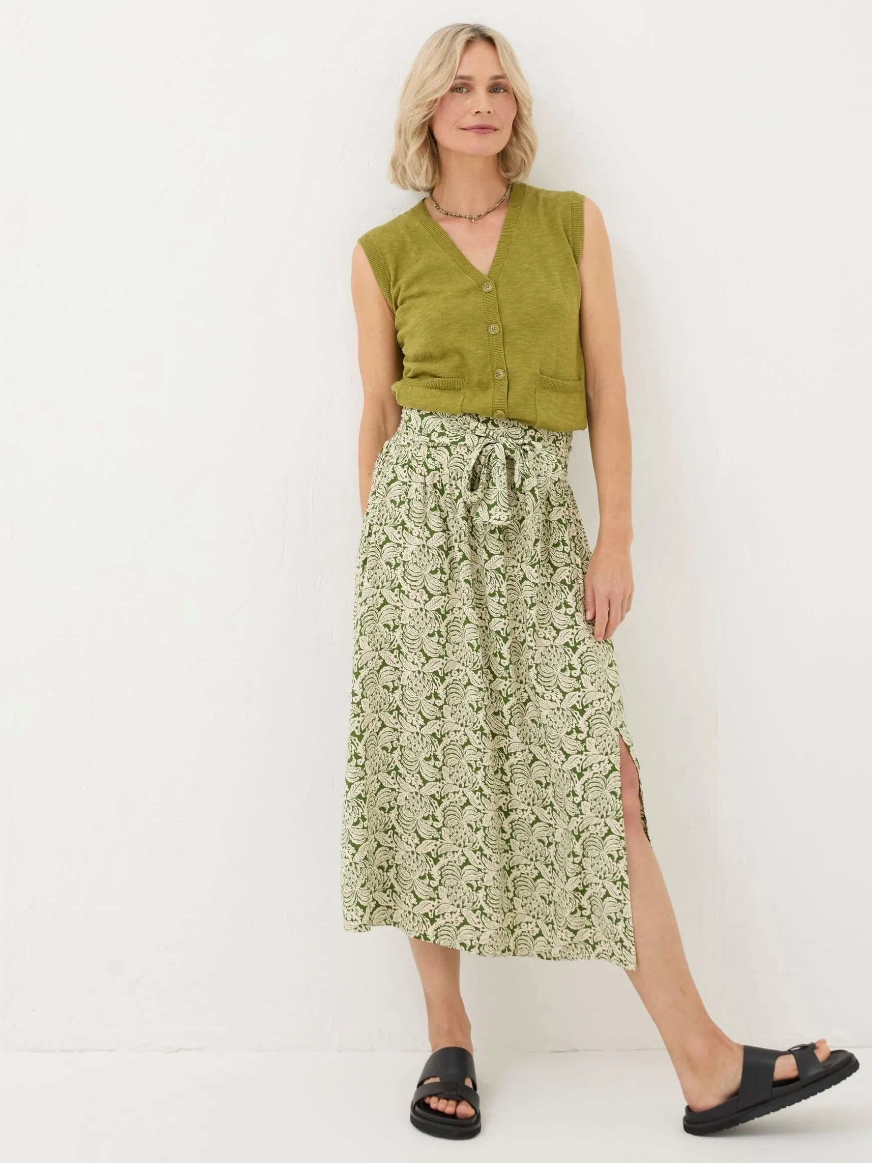 FatFace Sascha Damask Floral Midi Skirt Green Shop