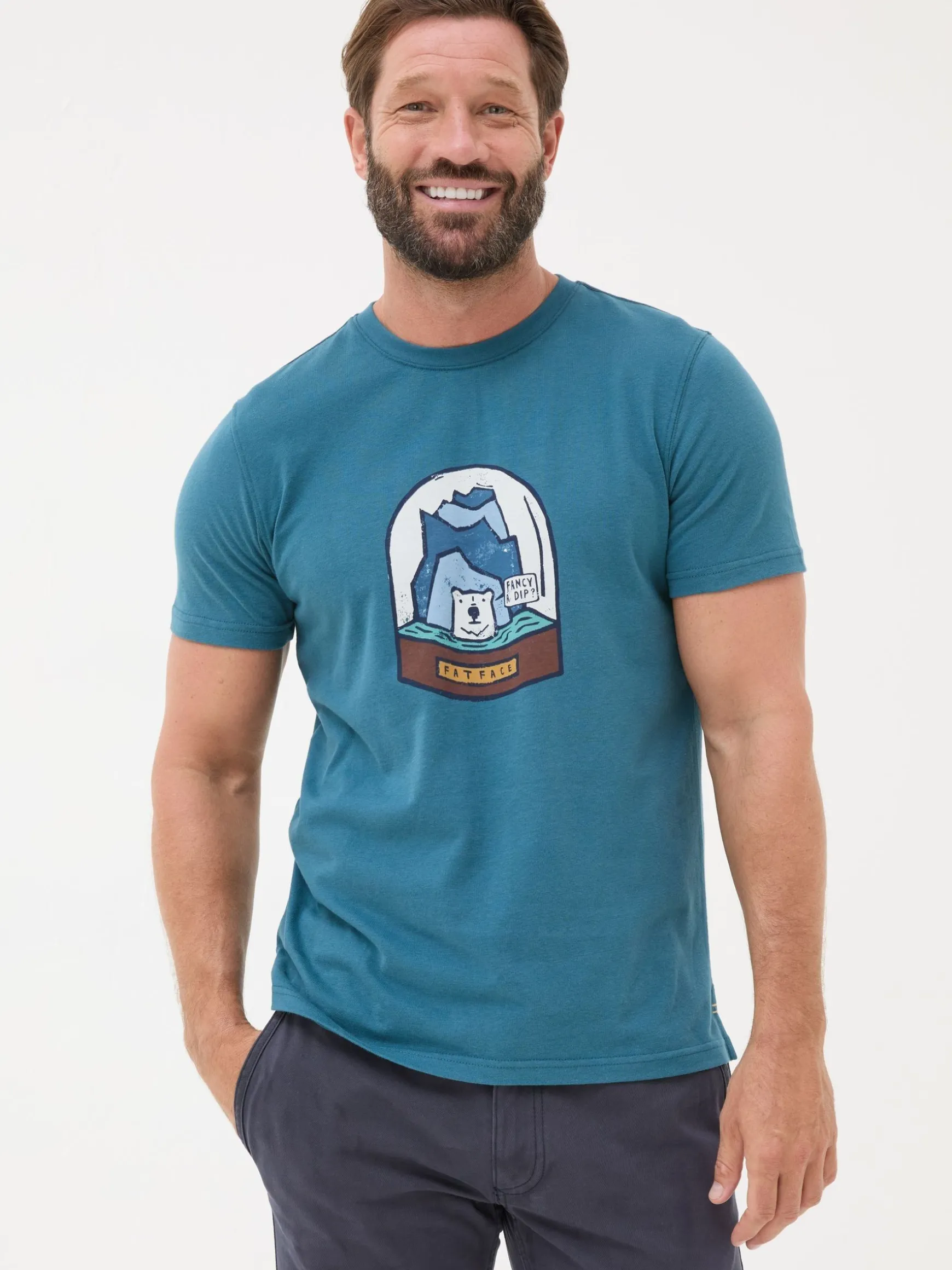 FatFace 100% Cotton Bear Snow Globe T-Shirt Teal Blue Discount