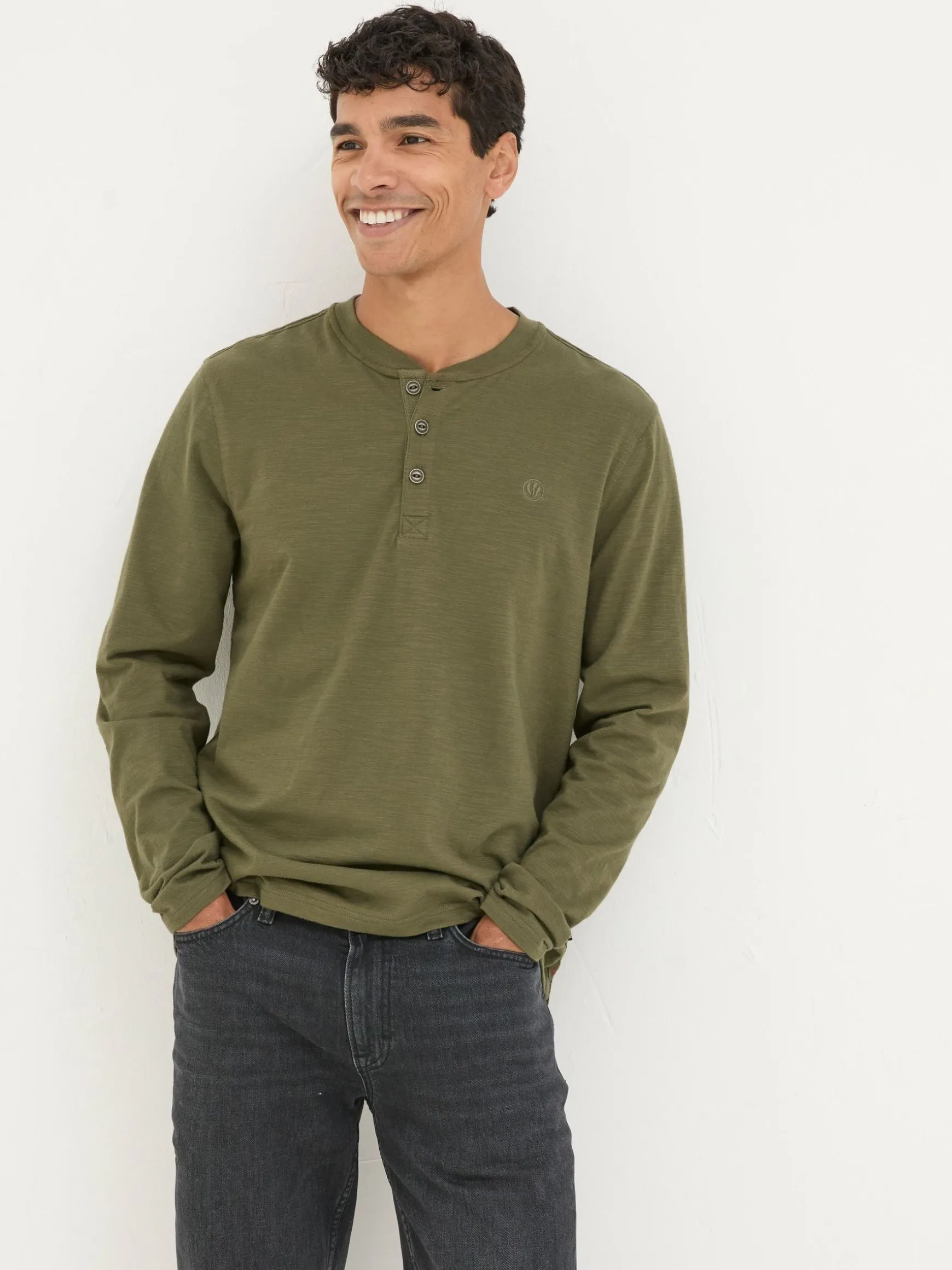 FatFace Woodside Long Sleeve Henley T Shirt Khaki Green Shop