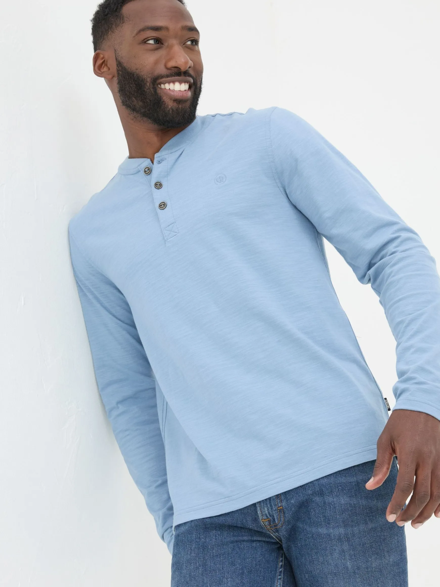 FatFace Woodside Long Sleeve Henley T Shirt Light Blue Flash Sale