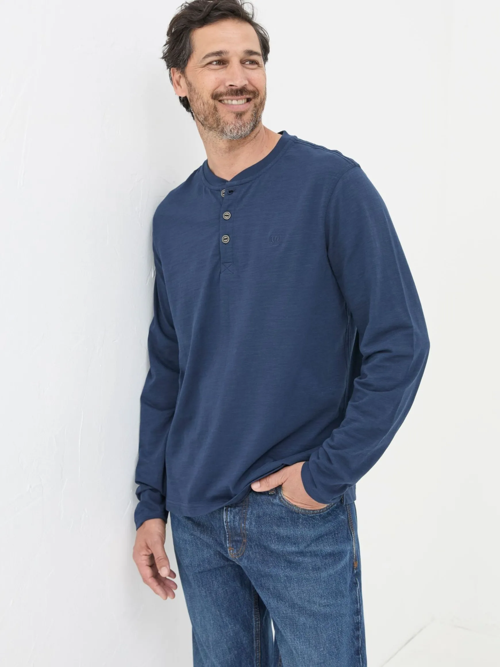 FatFace Woodside Long Sleeve Henley T Shirt Navy Blue Hot